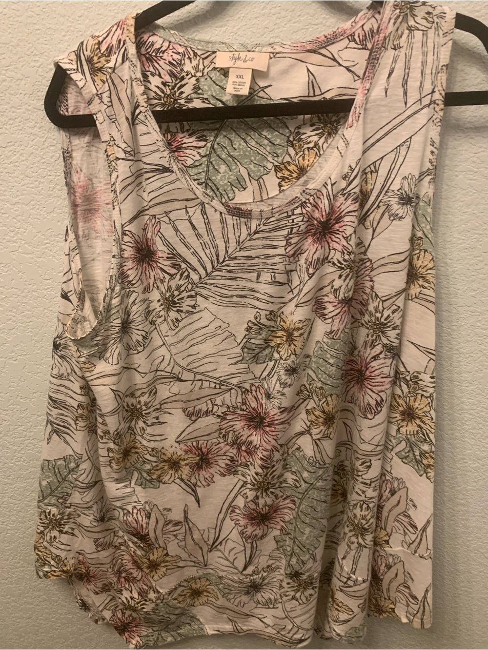 Style & Co. White Tank Top with Pink, Green & Yellow Floral Sketch